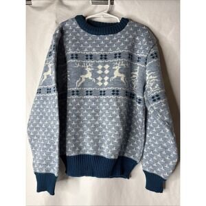 Vtg Perimeter Sweater Youth Medium‎ 12-14 Reindeer Holiday Crew Neck Blue White